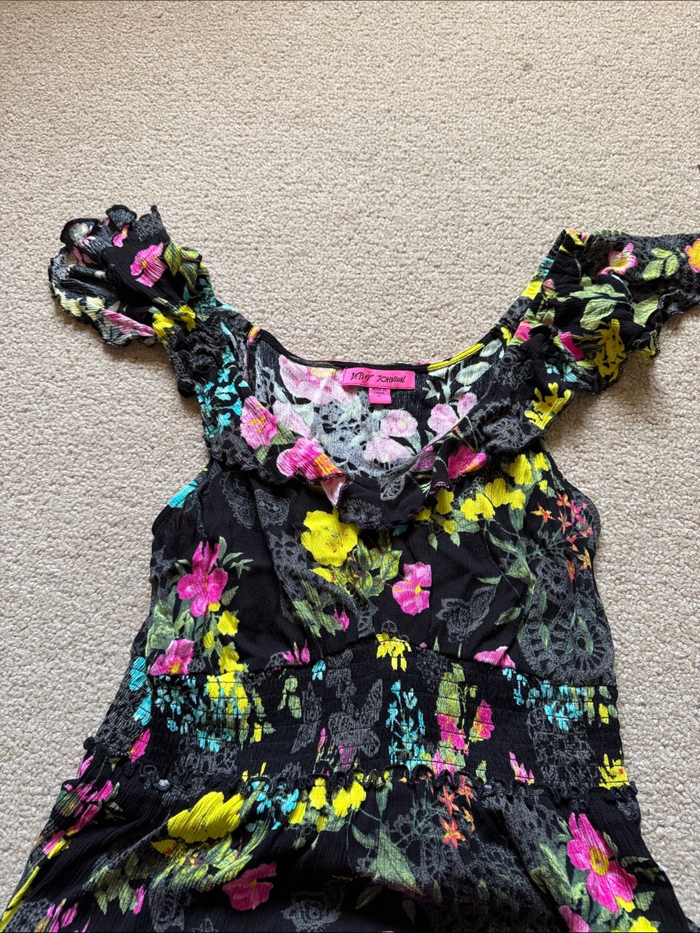 Betsey Johnson Black Floral Tiered Maxi Dress Size L - Picture 3 of 5